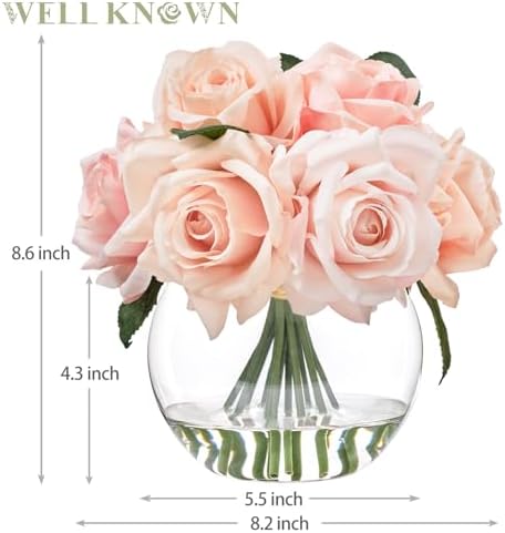 WELL KNOWN Artificial Flowers with Vase, Pink Silk Rose Artificial Flowers - Image 2