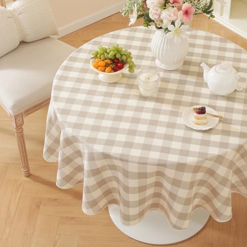 Laolitou Beige Checkered Tablecloth Round Tables Buffalo Plaid Gingham Table Cloth Cotton Linen Rustic Tablecloths Washable Wrinkle Free for Party Picnic Kitchen, 60", 2-4 Seats by Laolitou