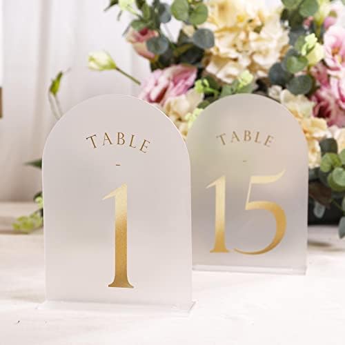 UNIQOOO Frosted Arch Wedding Table Numbers with Stands 1-30, Gold Foil Printed 5x7 Acrylic Display Signs and Holders, Pack of 30, Perfect for Centerpiece, Reception, Decoration, Party, Anniversary, Event - Image 3
