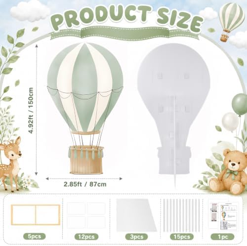 2.9 ft x 4.9 ft Hot Air Balloon Baby Shower Decorations, Large Sage Green Hot Air Shaped Cardboard Cutout, Life-Size Standup Photo Booth Props for Birthday Party Celebration Backdrops Decor - Image 2