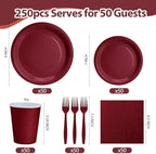 250Pcs Burgundy Paper Plates and Napkins Supplies, Include 9’’Paper Party Plate, 7’’Dessert Plates Cups Napkins Forks Sets for Birthday, Anniversaries, Wedding, Picnics, Serves 50 - Image 2