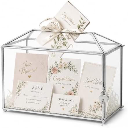 12.6" x 6" x 9" Wedding Glass Card Box with Slot and Lock for Wishing Well, Keepsake, Envelope - Birthday Party Reception Decor, Silver (Glass Box Only) Slot Length 7.3 Inches by Unknown