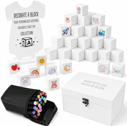 79 PCS Baby Shower Game Kit, Fun Baby Shower Blocks Decorating Game Includes 52 Wooden Blocks, 24 Markers, 1 Game Sign, 1 Storage Box and 1 Pattern Guide, Suitable for Boys and Girls, White by LEIFEOSH