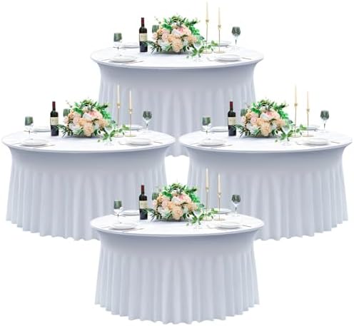 4 pk White Round Spandex Tablecloth for 60in Tables, Wrinkle Free Stretchy 120inch Fitted 5FT Table Cloths Round Table Covers with Skirt for Wedding Party Dining Banquet Events by Nobed+HHT