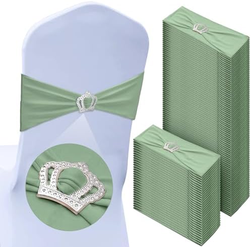 VitalCozy 100 Pcs Spandex Chair Sashes with Crown Buckle,Sage Green by VitalCozy