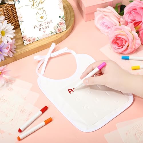 Panitay 100 Pcs DIY Baby Bibs Decorating Kit 50 White Bibs 25 Stencils 24 Markers 1 Baby Shower Game Sign - Image 4