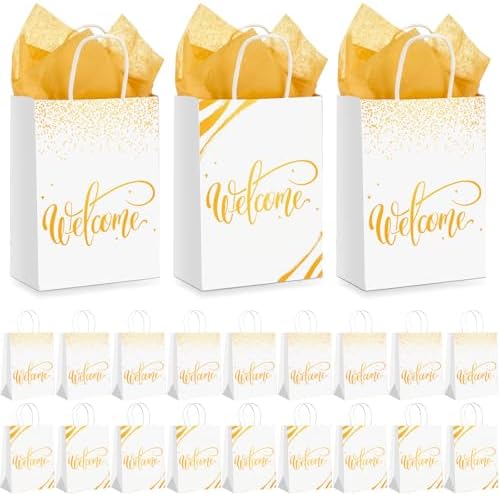 Kosiz 50 Sets Welcome Gift Bags Bulk with Handles and Tissue, White by Kosiz