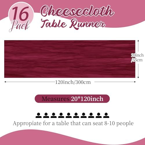16 Pack Burgundy Cheesecloth Table Runners 20x120 Inch Gauze Table Runner 10FT Easter Cheese Cloth Table Runner Rustic Sheer Runner for Wedding Baby Shower Birthday Party Table Decor - Image 2