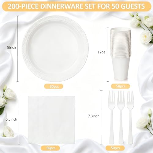 200pcs White Plastic Plates Party Supplies, Disposable 9’’ Dinner Plates and Napkins, Cups & Cutlery Dinnerware Set for Birthday, Wedding, Bridal Shower, Baby Shower Decorations, Serves 50 Guests - Image 2