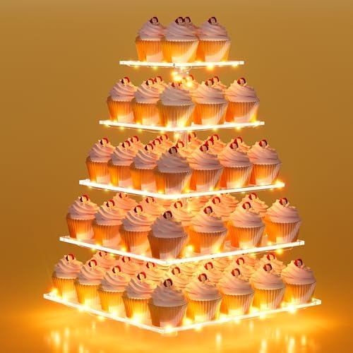 weddingwish 5 Tier Acrylic Cupcake Stand with LED Light, Clear Cupcake Stand for 50 Cupcakes, Cupcake Holder Tower Dessert Table Display Set for Birthday, Baby Shower, Tea Party and Wedding Décor by weddingwish