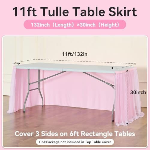 132in Baby Pink Tulle Table Skirts for Rectangle Tables 6ft 8ft, 2-Layer 11 ft Long Gold Grim Princess Pink Ruffle Tulle Tutu Table Skirt Cloth for Girl Birthday Baby Cake Dessert(No Table Cover) - Image 5