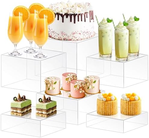 6Pcs Buffet Risers, Food Risers for Buffet Table, Acrylic Cube Display Risers with Hollow Bottom, Food Display Stand for Party Jewelry Dessert Figures (Size 5.5",6",6.5",7",7.5",8") by Unknown