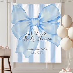 Personalized Blue Bow Baby Shower Banner, Custom Baby Boy Welcome Sign, Coquette Blue Bow Party Backdrop, Dusty Boy Shower Decor, Photo Booth Tapestry, Gender Reveal Party Decoration by Unknown