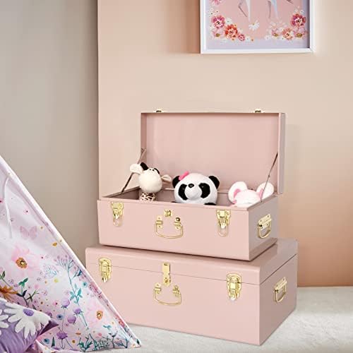Vixdonos Decorative Metal Box Storage Trunks Set of 2 College Dorm Chest with Handle (Pink) - Image 5