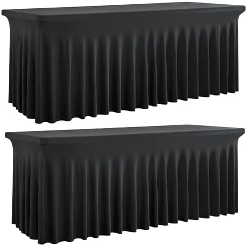 Spandex Tablecloth 8FT Rectangle Table Cover 2 Pack Black Wrinkle-Free by Outpain