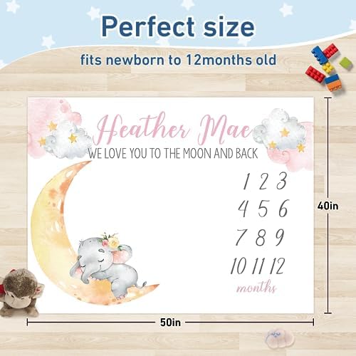 Custom Name Baby Milestone Blanket - Baby Milestone Monthly Blanket with Double Sided for Boy Girl Baby Photography Props - Pink Elephant Print Gifts for Kids Infant (FixedSize) - Image 3