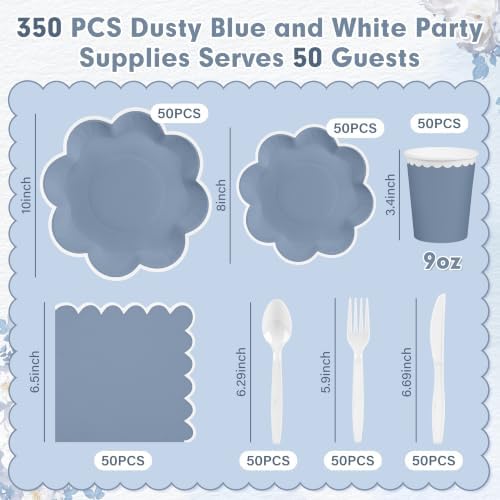 350 Pcs Dusty Blue and White Paper Plates and Napkins Set, Serve 50 Guest - Image 2