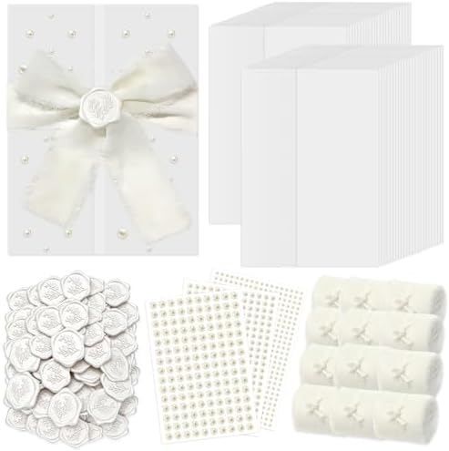 Wedding Invitation Kit, 100 Sets Pre-Folded Vellum Jackets for 5x7 Invites Ribbon Wax Seal Stickers Decorative Pearl Stickers for DIY Wedding Invitations Accessories by Fanuk