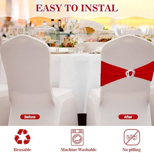 VitalCozy 100 Pcs Spandex Chair Sashes with Crown Buckle,Red - Image 4