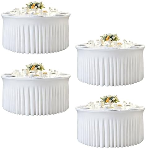 4 Pack 132 inch White Round Tablecloth, Fitted Tablecloths for 6 FT Round Tables, Spandex Table Cloths for Circle Tables for Wedding Photography Party Professional Events 16th Birthday Decorations by Creativepartyuniquedecorat