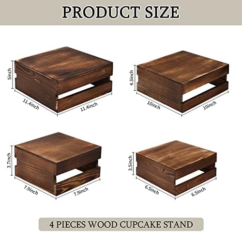 Sieral 4 Pcs Wood Cupcake Stand Dessert Risers for Party,Burnt Wood - Image 2