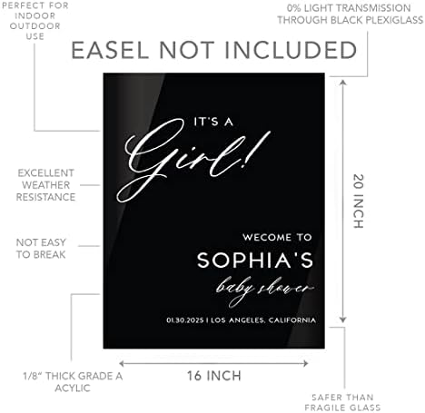 Andaz Press 16"x20" Black Acrylic Personalized Baby Shower Welcome Sign, Gender Neutral Large Custom Sign for Easel Stand, It's A Girl Baby Shower Decorations - Image 5