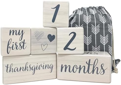 Pondering Pine Baby Milestone Blocks - Natural White Stain Pine Wood with Weeks Months Years Grade and Holidays, Newborn Weekly Monthly First Year Picture Props, 6 Block Milestones Age Set with Bag by PonderingPine