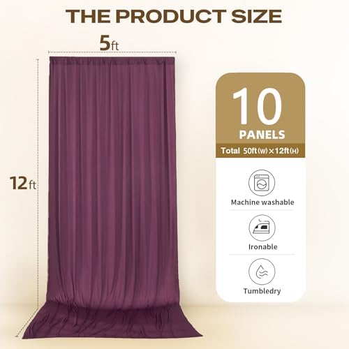 50ftx12ft Burgundy Backdrop Curtains for Parties, Wrinkle Free Polyester Burgundy Photo Backdrop Drapes 10 Panels 12 ft Long Back Drop Cloth for Wedding Birthday Photography Background Party - Image 5