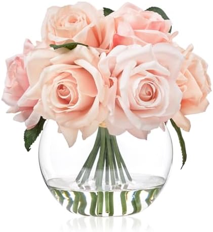 WELL KNOWN Artificial Flowers with Vase, Pink Silk Rose Artificial Flowers by WELLKNOWN