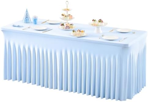 1 Packs Baby Blue Table Clothes for 6 Foot Rectangle Tables, One-Piece Wrinkle Resistant Stretch Spandex Table Covers with Skirt for Event Banquet Wedding Birthday Party by PartyTalk