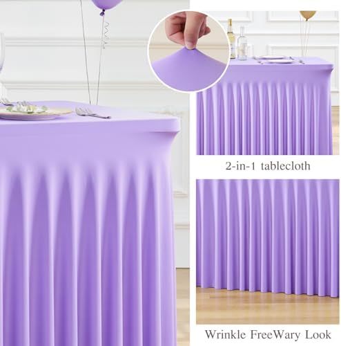Purple Table Cloth for 8 Foot Rectangle Tables Fitted Stretch Spandex Table Cover with Skirt 8ft Baby Shower Birthday Party Banquet Ruffle Lavender Tablecloth Wedding Table Cloths Desk Skirt, 2 Pack - Image 4