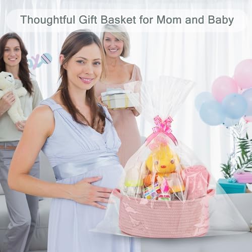 COMSE Small Woven Basket with Gift Bag and Ribbons, Gift Basket Empty, and Large Diaper Caddy Organizer for Girl Boy, Car Diaper Caddy with Handles - Image 3