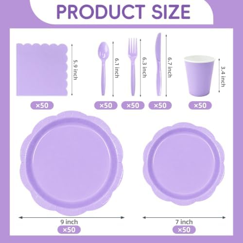 350 Pcs Lavender Party Supplies for 50 Guests, Elegant Paper Plates and Napkins Set with Cutlerys, Thickened 7'' & 9'' Decagonal Plates for Bridal Shower Tea Party Birthday - Image 2