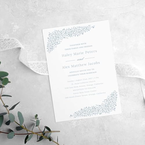 Canopy Street Personalized Dainty Floral Invitations / 25 Custom Modern Wedding Invites With White Envelopes / 5" x 7" Dusty Blue Botanical Anniversary Party Invite/Made In The USA - Image 3