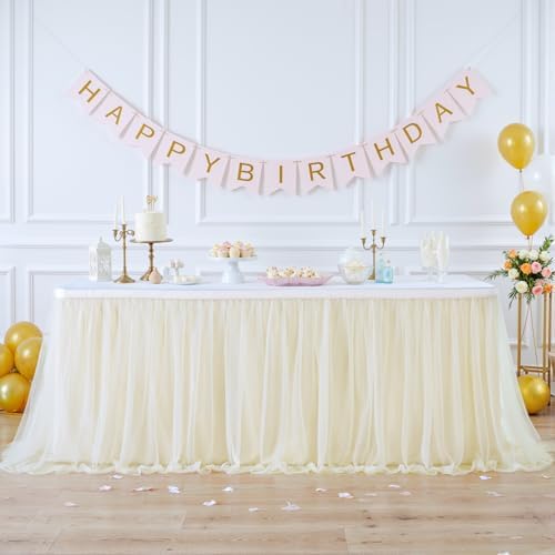 Suppromo 14ft Champagne Table Skirts for Rectangle Tables or Round Tables Champagne Tulle Tutu Table Cloths Cover for Birthday Party Wedding Baby Shower Dessert Cake Table Decorations by Suppromo