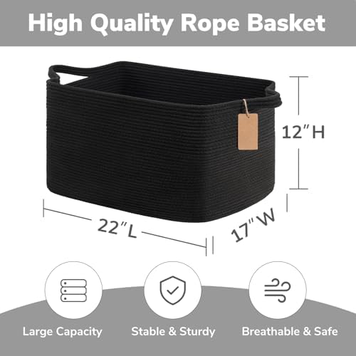 Goodpick 75L Extra Large Woven Rope Blanket Basket, Rectangle, Black - Image 3