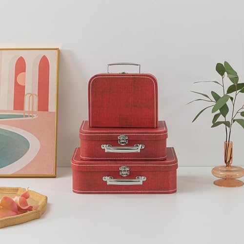 SLPR - Red Cardboard Suitcase Boxes with Handles, Set of 3, Vintage Decor - Image 6