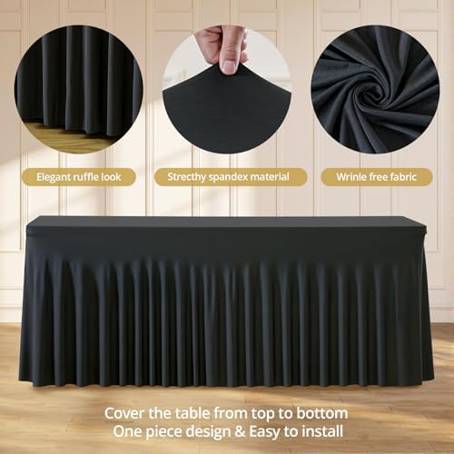 6 Pack 6ft Black Spandex Table Cloths for Rectangle Tables Wrinkle Free Black Rectangle Tablecloths, Stretch Fitted Table Cover with Skirt for Wedding Birthday Party Banquet Baby Shower Buffet Event - Image 5