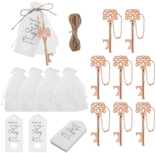 60 PCS Vintage Skeleton Key Bottle Opener with Organza Bags, Thank You Tags, Jute Rope and Chains - Perfect Wedding Gifts and Baby Shower Favors for Guests (Rose Gold) by Orlabno