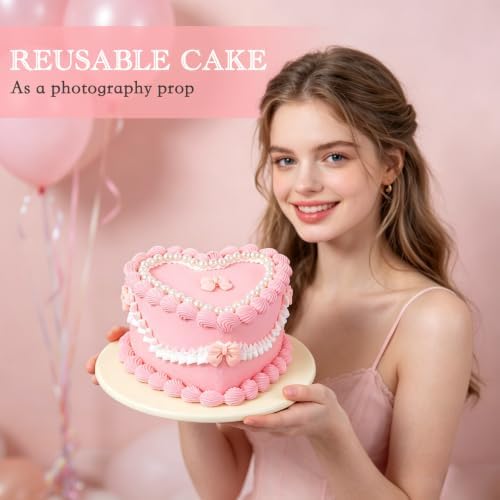 6 Inch Pink Bow Fake Cake, Heart Shaped Coquette Artificial Cake with Pearl Border, Reusable Faux Birthday Cake Prop for Wedding, Women's Birthday, Bridal Shower, Baby Shower, Anniversary Party Decor - Image 3