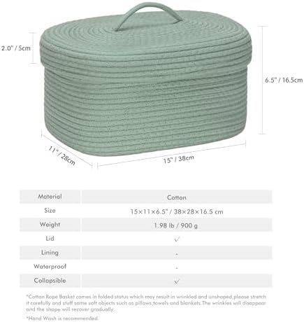 Sea Team Oval Storage Basket, Woven Cotton Rope Basket with Lid, Green - Image 5