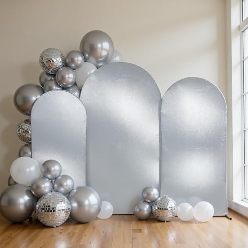 Silver Shimmer Arch Backdrop Cover Set of 3 (4 5 6FT) with Zipper,Thick Soft Stretchy Sequin Glitter Spandex Fitted Chiara Cover for Wedding Birthday Baby Shower Graduation Party Photo Backdrop by Unknown