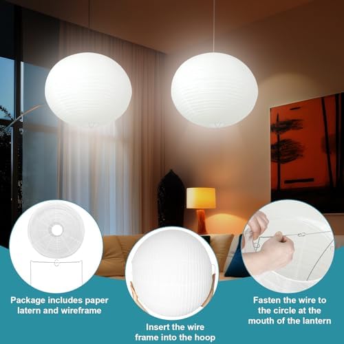 Rossesay 2 Sets Jumbo Paper Lanterns with Lamp Cord Cable White Hanging Paper Lanterns Chinese Japanese Pendant Hanging Lamp for Birthday Wedding Bridal Anniversary Party Decoration (18 Inch,Round) - Image 3