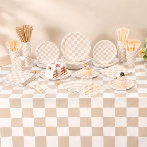 Funnymoom 452 Pcs Beige and Brown Gingham Party Supplies for 50, Beige Checkered Plaid Paper Plates Napkins Cups Tablecloth Cutlery Straws for Picnic Camping Birthday Baby Shower Decoration - Image 4