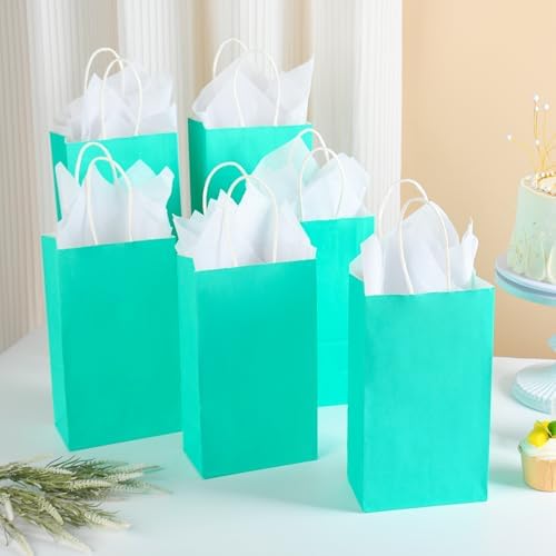 DjinnGlory 100 Pack Small Size Teal Blue Paper Gift Bags with Handles Bulk 9x5.5x3.15 Inch for Holiday Birthday Wedding Baby Shower Party Favors, Business Merchandise Shopping Bags - Image 4