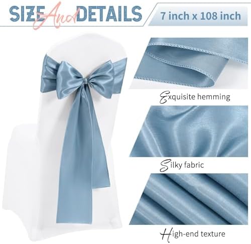 60 PCS Dusty Blue Satin Chair Sashes, 7 x 108 Inch - Image 3