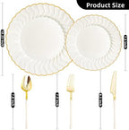 HOMIP 150PCS Ivory Plates with Gold Disposable Silverware - Include 60 Scalloped Plastic Plates, 30 Knives, 30 Forks, 30 Spoons Elegant & Lightweight for Weddings, Birthdays, Parties - Image 2