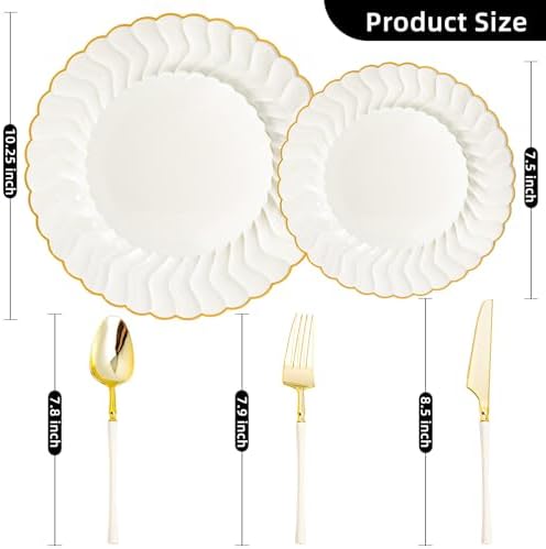 HOMIP 150PCS Ivory Plates with Gold Disposable Silverware - Include 60 Scalloped Plastic Plates, 30 Knives, 30 Forks, 30 Spoons Elegant & Lightweight for Weddings, Birthdays, Parties - Image 2