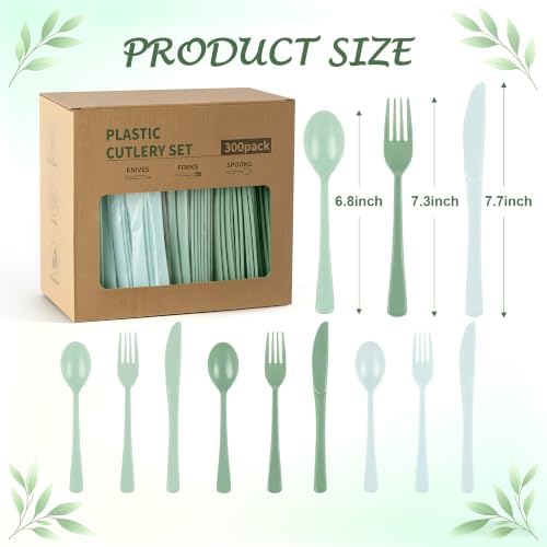 300Pcs Sage Green Plastic Silverware Set, Full Size Disposable for Dinner - Image 7