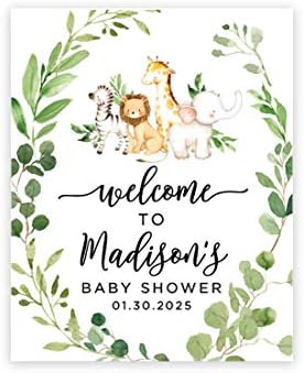 Andaz Press Custom Large Baby Shower Canvas Welcome Sign, 16 x 20 Inches, Safari Animals Leaf Foliage, Guestbook Alternative, Personalized Sign Our Canvas, For Jungle Safari Baby Shower Theme by AndazPress